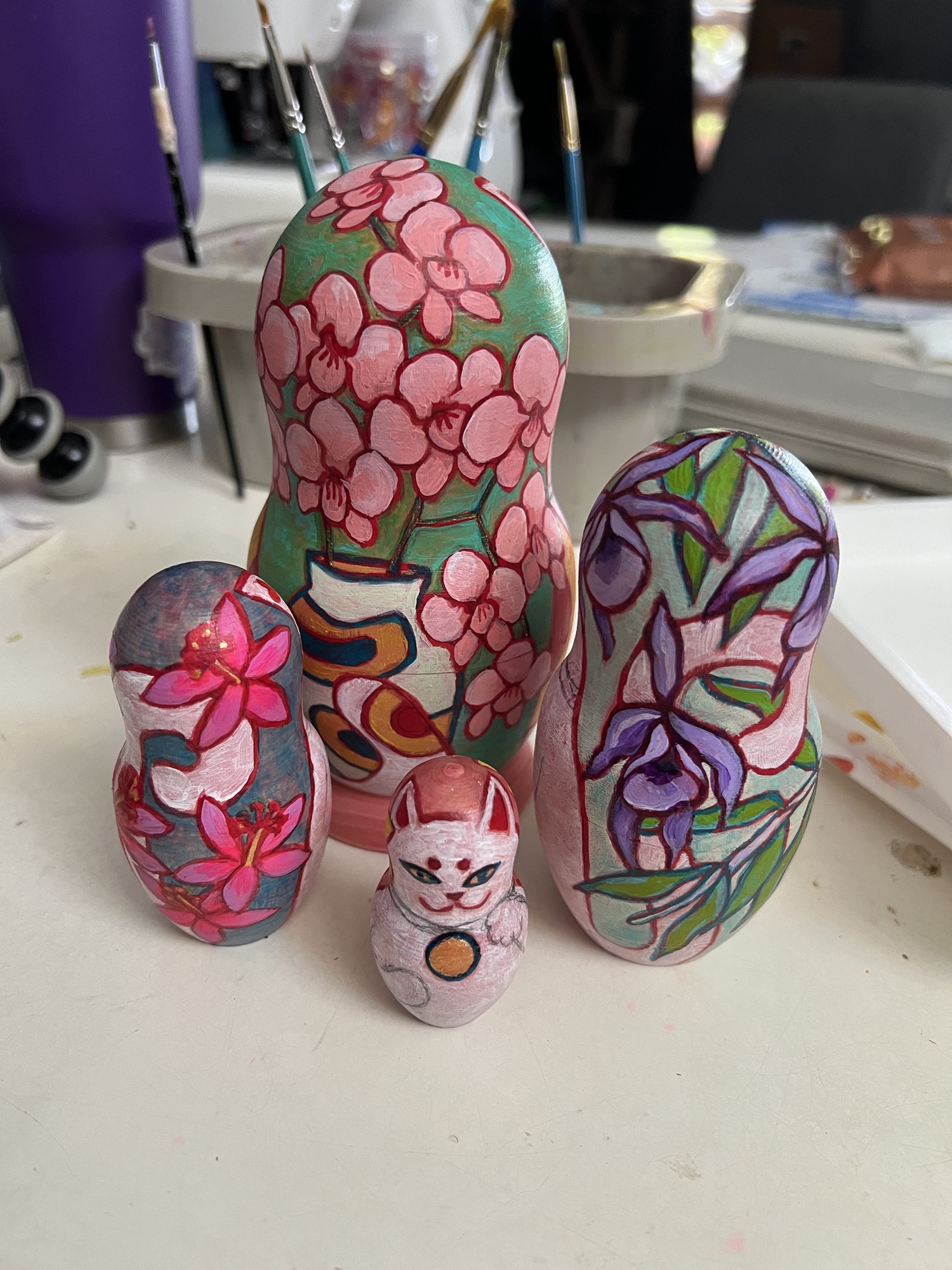 Maneki Neko with  Orchids | Set of 5 Nesting Dolls