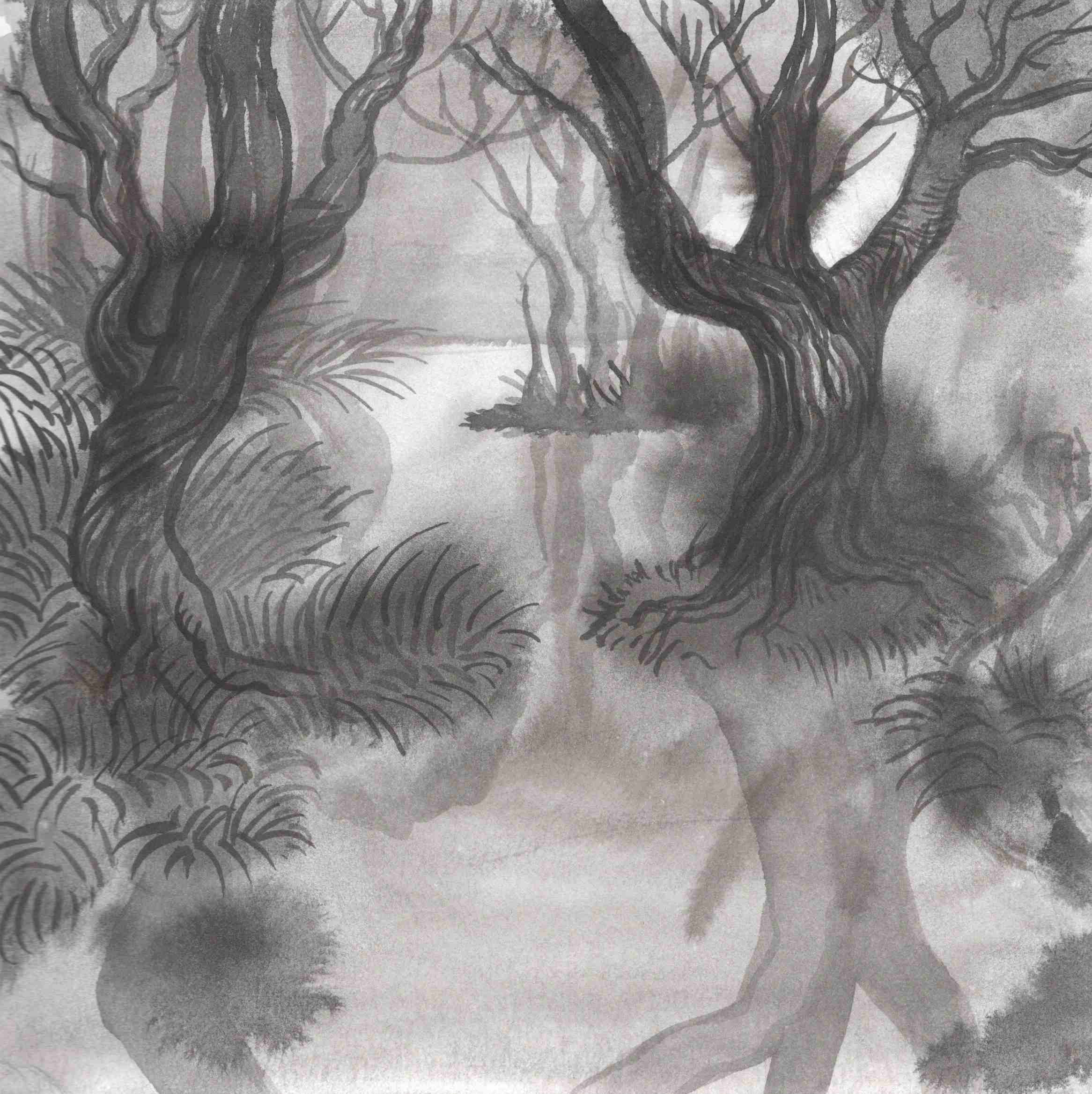 An eerie ink drawing of a swamp dream