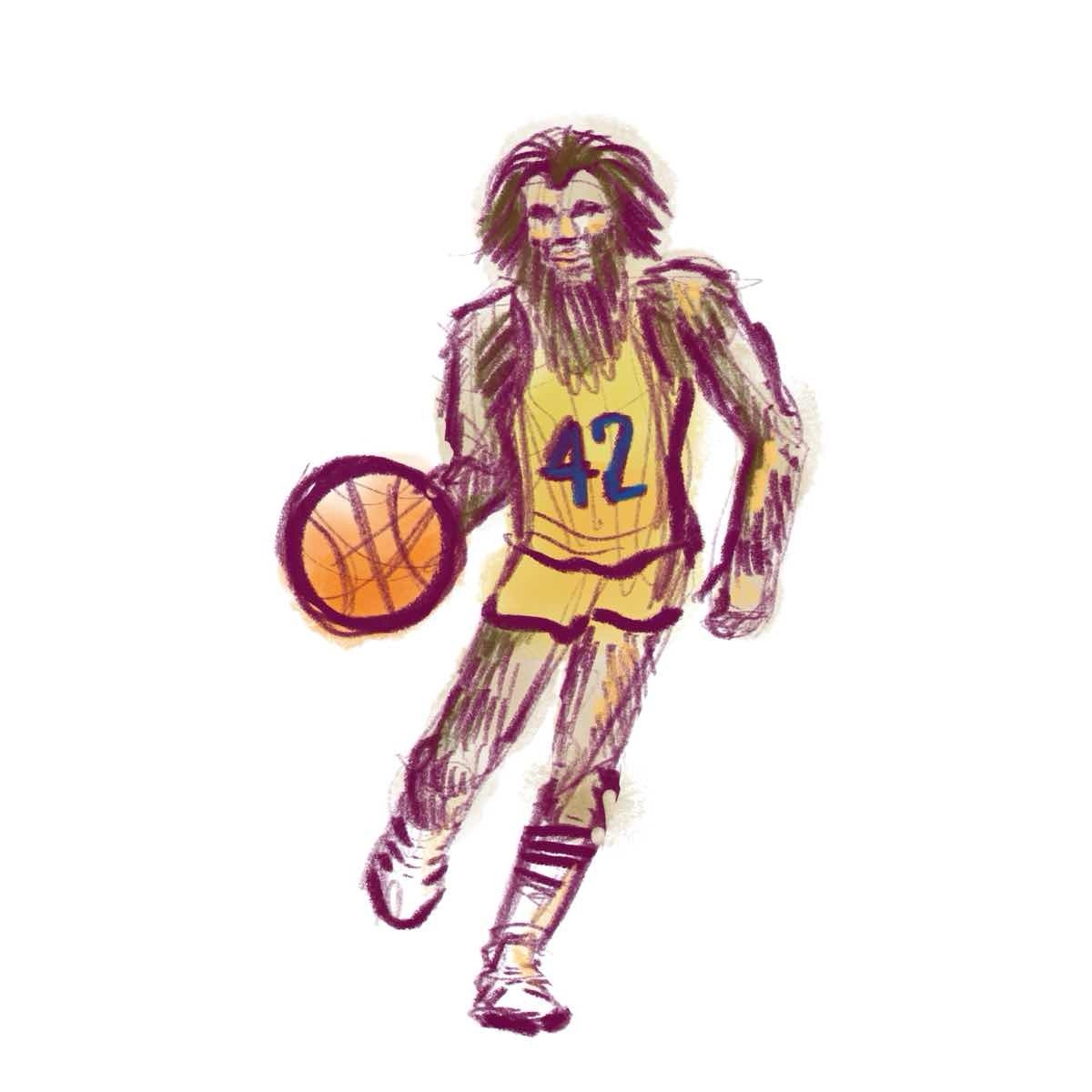 Digital drawing of a werewolf playing basketball.